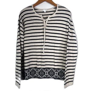 J Jill Striped Mixed Print Tie Neck Long‎ Sleeve Pullover Sweater Size Medium